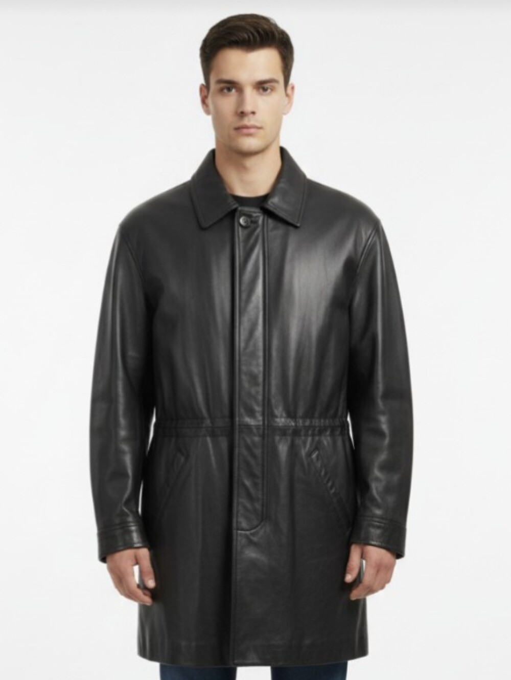 LORD & TAYLOR! RICH BLACK SUPER SUPPLE GENUINE LEATHER DRAWSTRING COAT! SZ L
